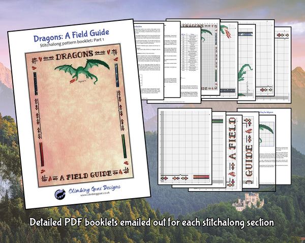 Dragons: A Field Guide Stitchalong. Images of pages of first pattern booklet. Detailed PDF booklets emailed out for each stitchalong section.