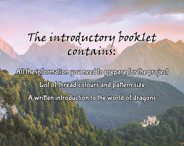Dragons: A Field Guide Stitchalong. Text reads: "The introductory booklet contains: All the information you need to prepare for the project; List of thread colours and pattern size; A written introduction to the world of dragons."