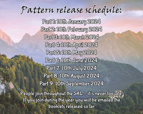 Dragons: A Field Guide Stitchalong. Text reads: "Pattern release schedule: Part 1 10th January 2023; Part 2 10th February 2024; Part 3 10th March 2024; Part 4 10th April 2024; Part 5 10th May 2024; Part 6 10th June 2024; Part 7 10th July 2024; Part 8 10th August 2024; Part 9 10th September 2024. People join throughout the SAL - it's never too late! If you join during the year you will be emailed the booklets released so far.