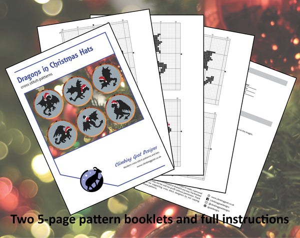 Dragons in Christmas Hats cross stitch patterns. Two five page booklets and full instructions.