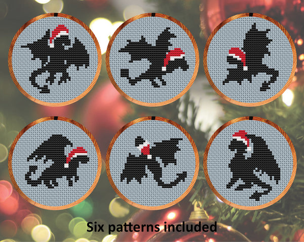 Dragons in Christmas Hats cross stitch patterns. Six mini patterns of dragon silhouettes wearing Santa hats.