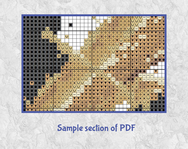 Modern art music cross stitch pattern of a female tuba player. Sample section of PDF.