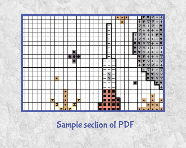 Fly Me To The Moon cross stitch pattern. Cartoon of Artemis rocket, Moon and stars. Sample section of PDF.