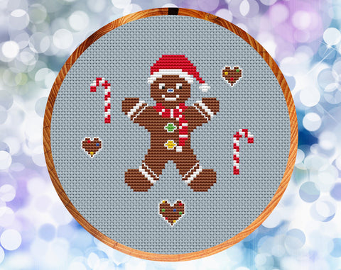Gingerbread Man cross stitch pattern. Shown in six inch hoop.