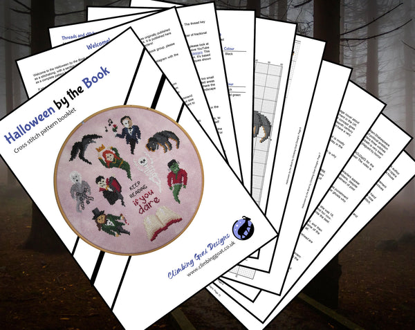 Halloween by the Book cross stitch pattern. Pages of PDF booklet.
