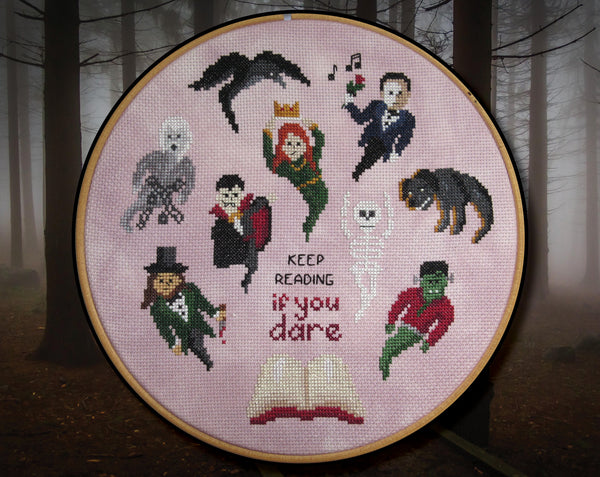 Halloween by the Book cross stitch pattern. Picture of stitched piece.