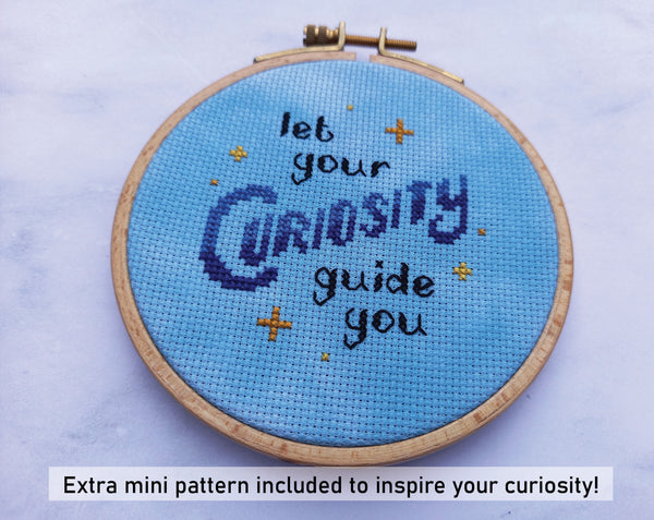 Her Science, Her Story: Women in Science cross stitch pattern: Extra mini pattern included with the words "let your curiosity guide you"