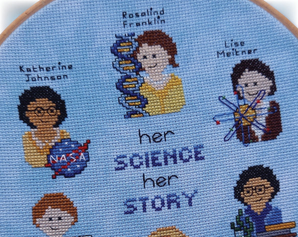 Her Science, Her Story: Women in Science cross stitch pattern. Close up of upper half of pattern.