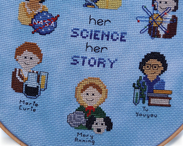 Her Science, Her Story: Women in Science cross stitch pattern. Close up of lower half of pattern.