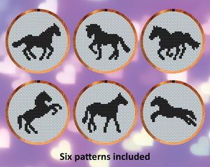 Horse Silhouettes cross stitch patterns. Six patterns included.