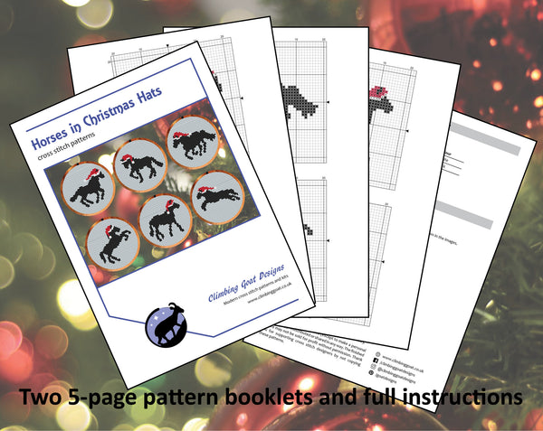 Horses in Christmas Hats cross stitch patterns. Two 5-pages pattern booklets and full instructions.