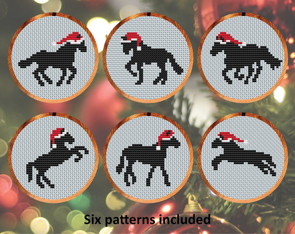 Horses in Christmas Hats cross stitch patterns. Six mini horse or pony silhouettes wearing Santa hats.