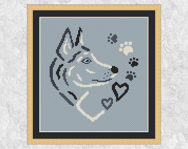 Husky Sketched Heart cross stitch pattern. Shown in frame.