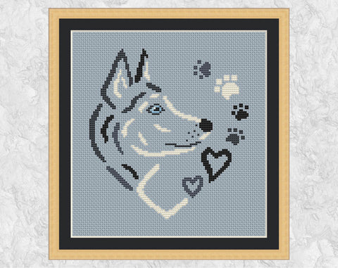Husky Sketched Heart cross stitch pattern. Shown in frame.
