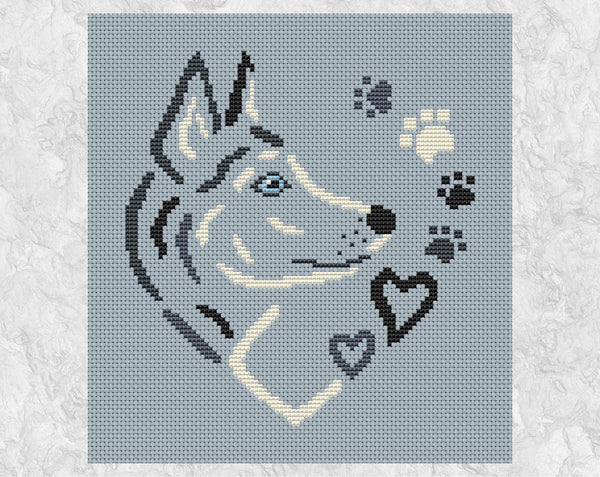 Husky Sketched Heart cross stitch pattern. Shown without frame.