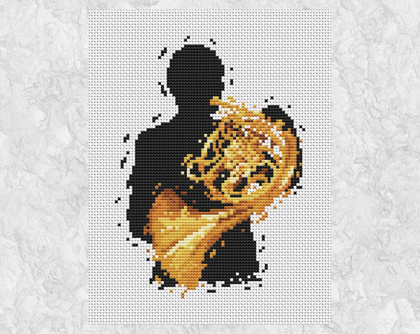 Male French Hornist cross stitch pattern. Shown without frame.