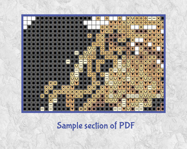 Male French Hornist cross stitch pattern. Sample section of PDF.