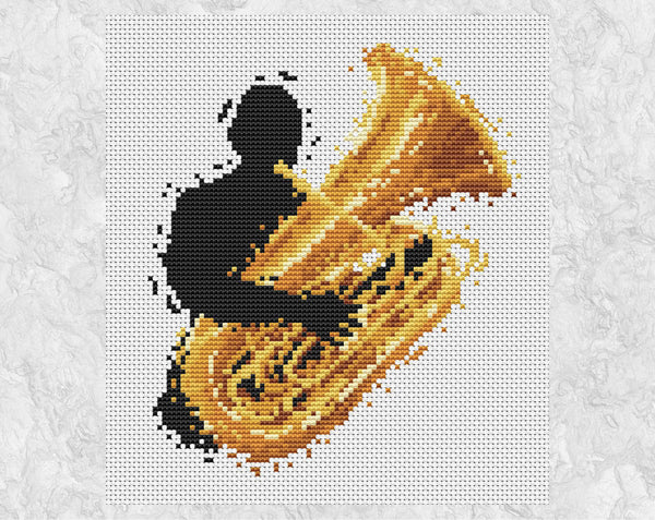 Modern art music cross stitch pattern of a male tuba player. Shown without frame.