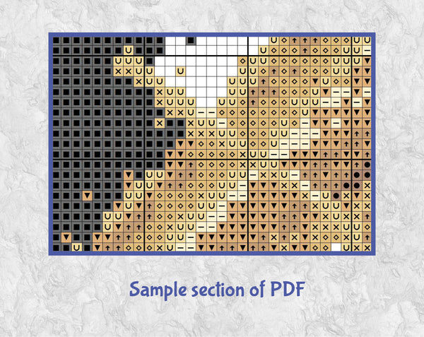 Modern art music cross stitch pattern of a male tuba player. Sample section of PDF.