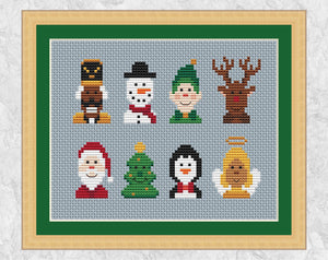 Mini Christmas Characters cross stitch pattern. Eight cute characters - Nutcracker, Snowman, Elf, Reindeer, Santa, Tree, Penguin and Angel. Shown with frame.