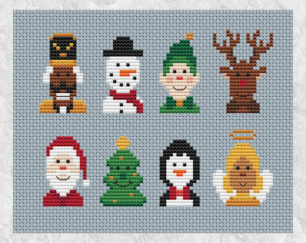 Mini Christmas Characters cross stitch pattern. Eight cute characters - Nutcracker, Snowman, Elf, Reindeer, Santa, Tree, Penguin and Angel. Shown without frame.