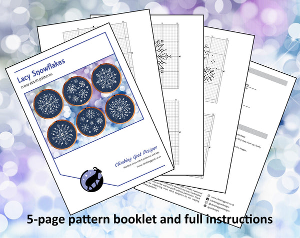 Lacy Snowflakes cross stitch patterns. 5 page pattern booklet and full instructions included.