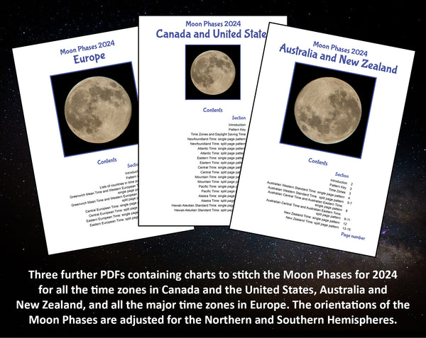 Three further PDFs containing charts to stitch the Moon Phases for 2024 for all the time zones in Canada and the United States, Australia and New Zealand, and all the major time zones in Europe. The orientations of the Moon Phases are adjusted for the Northern and Southern Hemispheres.