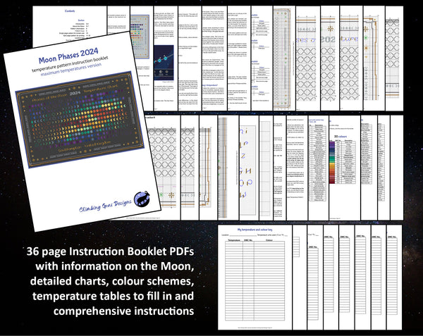 Moon Phases 2024 Temperature cross stitch pattern. 36 page Instruction Booklet PDFs with information on the Moon, detailed charts, colour schemes, temperature tables to fill in and comprehensive instructions