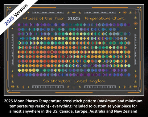 2025 Moon Phases Temperature cross stitch pattern (maximum and minimum temperatures version) - everything included to customise your piece for almost anywhere in the US, Canada, Europe, Australia and New Zealand. Image shows colourful Moons cross stitch design on black fabric.