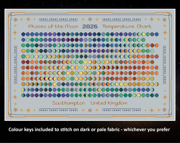 Moon Phases 2026 cross stitch pattern. Colour keys included to stitch on dark or pale fabric - whichever you prefer. Image shows design on pale blue fabric.