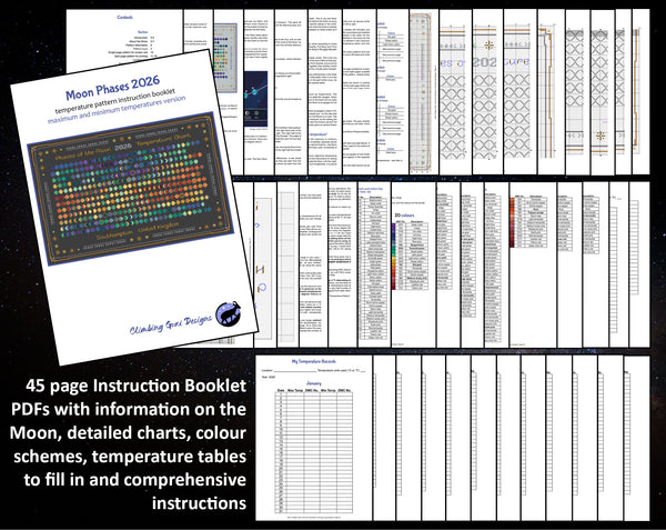 Moon Phases 2026 Temperature cross stitch pattern. 45 page Instruction Booklet PDFs with information on the Moon, detailed charts, colour schemes, temperature tables to fill in and comprehensive instructions