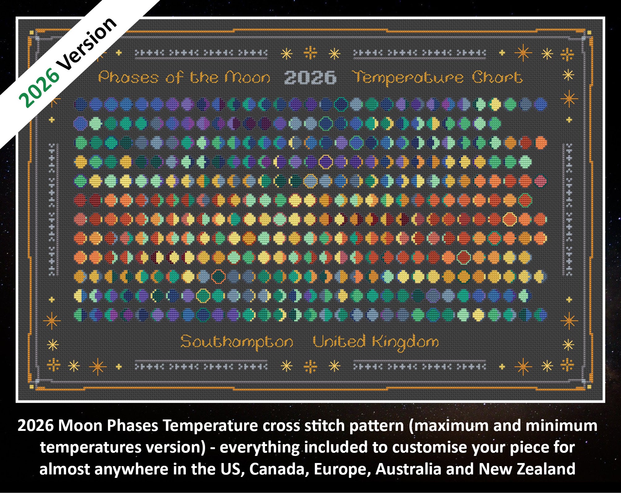 2026 Moon Phases Temperature cross stitch pattern (maximum and minimum temperatures version) - everything included to customise your piece for almost anywhere in the US, Canada, Europe, Australia and New Zealand. Image shows colourful Moons cross stitch design on black fabric.
