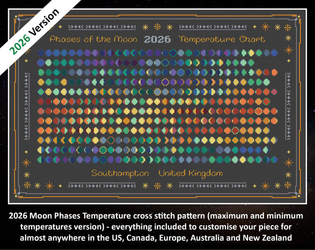 2026 Moon Phases Temperature cross stitch pattern (maximum and minimum temperatures version) - everything included to customise your piece for almost anywhere in the US, Canada, Europe, Australia and New Zealand. Image shows colourful Moons cross stitch design on black fabric.