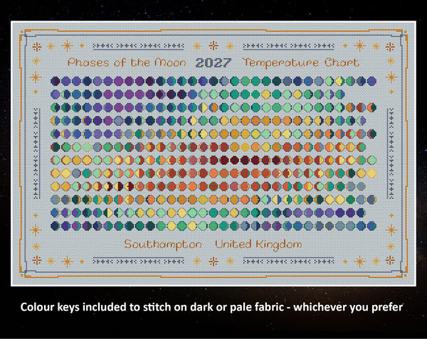 Moon Phases 2027 cross stitch pattern. Colour keys included to stitch on dark or pale fabric - whichever you prefer. Image shows design on pale blue fabric.