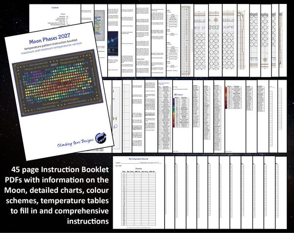 Moon Phases 2027 Temperature cross stitch pattern. 45 page Instruction Booklet PDFs with information on the Moon, detailed charts, colour schemes, temperature tables to fill in and comprehensive instructions