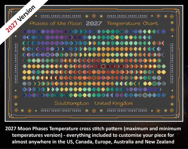 2027 Moon Phases Temperature cross stitch pattern (maximum and minimum temperatures version) - everything included to customise your piece for almost anywhere in the US, Canada, Europe, Australia and New Zealand. Image shows colourful Moons cross stitch design on black fabric.