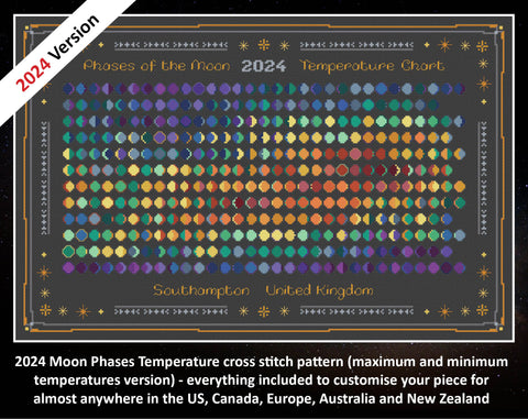 2024 Moon Phases Temperature cross stitch pattern (maximum and minimum temperatures version) - everything included to customise your piece for almost anywhere in the US, Canada, Europe, Australia and New Zealand. Image shows colourful Moons cross stitch design on black fabric.