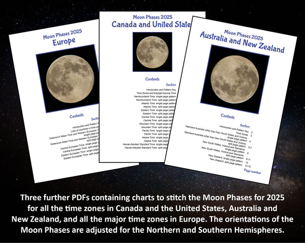 Three further PDFs containing charts to stitch the Moon Phases for 2025 for all the time zones in Canada and the United States, Australia and New Zealand, and all the major time zones in Europe. The orientations of the Moon Phases are adjusted for the Northern and Southern Hemispheres.