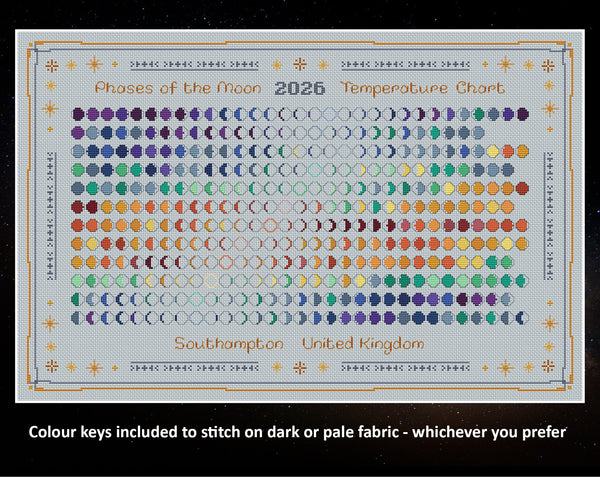 2026 Moon Phases cross stitch pattern. Colour keys included to stitch on dark fabric - whichever you prefer. Image shows design on pale blue fabric.