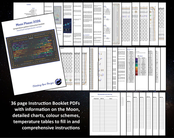 Moon Phases 2026 Temperature cross stitch pattern. 36 page Instruction Booklet PDFs with information on the Moon, detailed charts, colour schemes, temperature tables to fill in and comprehensive instructions