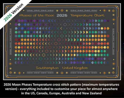 2026 Moon Phases Temperature cross stitch pattern (maximum temperatures version) - everything included to customise your piece for almost anywhere in the US, Canada, Europe, Australia and New Zealand. Image shows colouful moon phase design on black fabric.