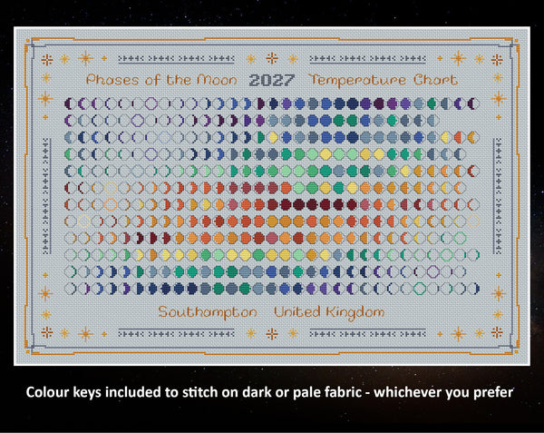 2026 Moon Phases cross stitch pattern. Colour keys included to stitch on dark fabric - whichever you prefer. Image shows design on pale blue fabric.