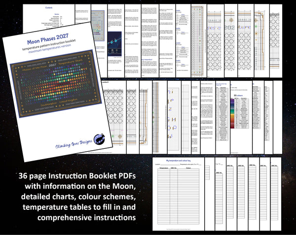 Moon Phases 2027 Temperature cross stitch pattern. 36 page Instruction Booklet PDFs with information on the Moon, detailed charts, colour schemes, temperature tables to fill in and comprehensive instructions