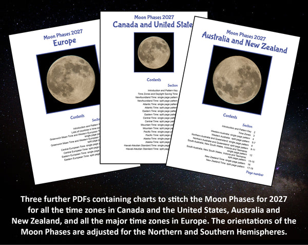 Three further PDFs containing charts to stitch the Moon Phases for 2027 for all the time zones in Canada and the United States, Australia and New Zealand, and all the major time zones in Europe. The orientations of the Moon Phases are adjusted for the Northern and Southern Hemispheres.