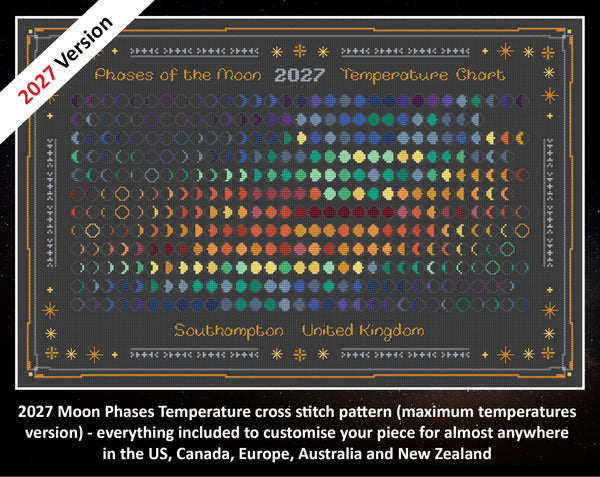 2027 Moon Phases Temperature cross stitch pattern (maximum temperatures version) - everything included to customise your piece for almost anywhere in the US, Canada, Europe, Australia and New Zealand. Image shows colouful moon phase design on black fabric.