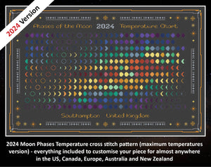 2024 Moon Phases Temperature cross stitch pattern (maximum temperatures version) - everything included to customise your piece for almost anywhere in the US, Canada, Europe, Australia and New Zealand. Image shows colouful moon phase design on black fabric.