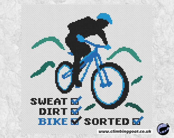 Mountain Bike cross stitch pattern. Silhouette of mountain biker with the words SWEAT DIRT BIKE SORTED. Shown without frame.