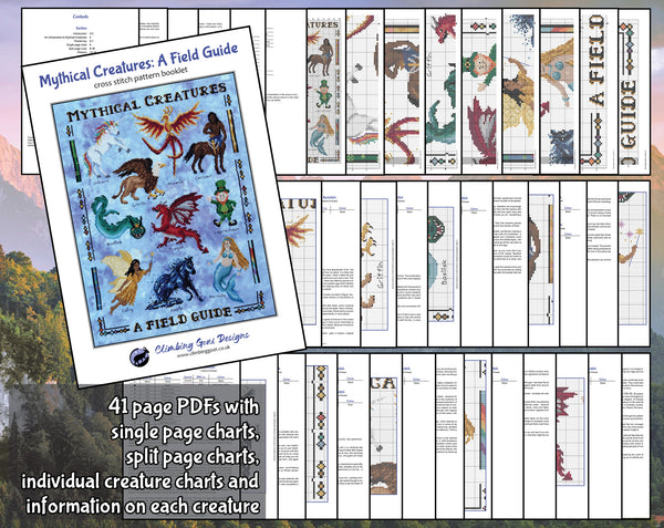 Mythical Creatures: A Field Guide cross stitch pattern.

41 page PDFs with single page charts, split page charts, individual creature charts and information on each creature.