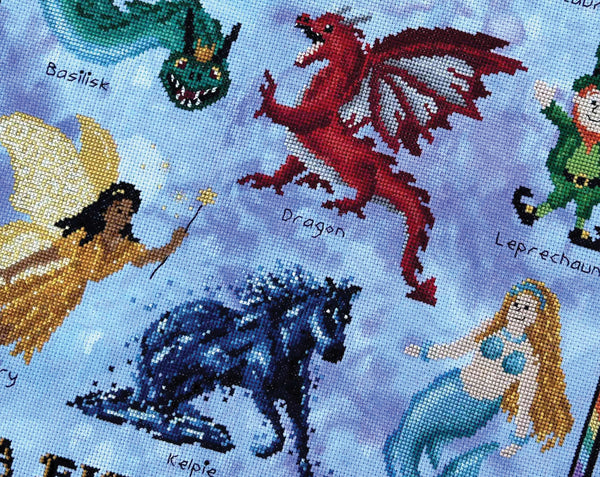 Mythical Creatures: A Field Guide cross stitch pattern. Close up of lower half of pattern.