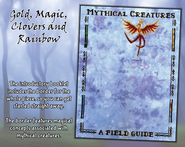 Mythical Creatures: A Field Guide Stitchalong. Gold, Magic, Clovers and Rainbow. The introductory booklet includes the border for the whole piece, so you can get started straight away. The border features magical concepts associated with mythical creatures.